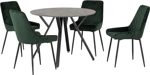 Image of Seconique Athens Round Dining Table Set with 4 Avery Dining Chairs in Concrete/Emerald Green Velvet