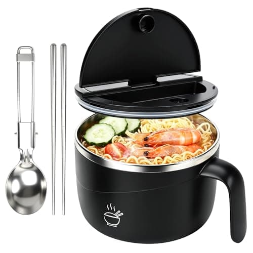 Image of Cumdel Instant Noodle Bowl with Lid, 1200ml Stainless Steel Noodle Bowl with Fork Chopsticks, Ramen Bowl with Handles & Drip Hole, Dishwasher Safe Portable for Home Dorm Office (Black)