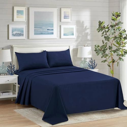 Image of HADI LONDON Polycotton Flat Sheets for Single Double King Size Bed Softest Anti Wrinkle Non-Iron Plain Dyed Top Sheet with 200 Thread Count Ideal for Winter & Summer Bedding (Navy-Blue, Single)