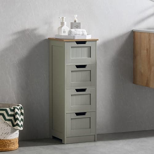 Image of Bath Vida Bathroom Floor Cabinet, Freestanding Modern Slim Design Wooden Storage Organiser, with 4 Drawers, for Bathroom, Living Room, Kitchen, 30Dx30Wx81H (Grey & Oak)