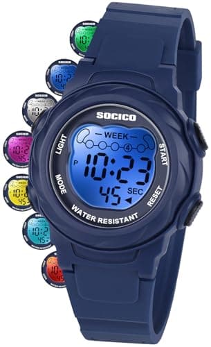 Image of SOCICO Kids Digital Watches for Girls Boys Aged 5-10, Childrens Outdoor Sports Waterproof Watch with Led Light,Alarm Clock, Stopwatch, 12/24H for Kids Great Gifts (Blue)
