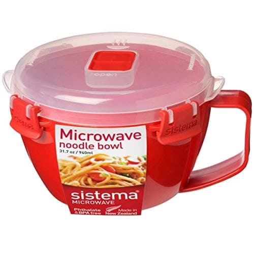 Image of Sistema 2-Piece Microwave Pasta Bowl, BPA-Free Dishwasher Safe, 940ml - Red/Clear