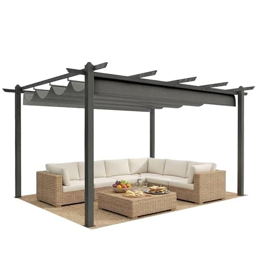 Image of Outsunny 4 x 3(m) Aluminium Outdoor Pergola with Retractable Roof, Outdoor Gazebo Canopy Shelter with Grommet Holes for Garden, Patio, Lawn, Grey