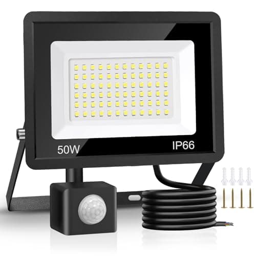 Image of Jsdoin 50W Security Lights Outdoor Motion Sensor 4500 Lumen PIR Security Light 6500K LED Floodlights IP66 Waterproof Outside Daylight Wall Light with 2M Cable for Garage Garden Hallway Backyard