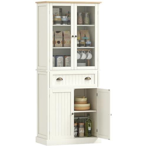 Image of HOMCOM Freestanding Kitchen Cupboard, 5-tier Storage Cabinet with Adjustable Shelves and Drawer for Living Room, Dining Room, Cream White