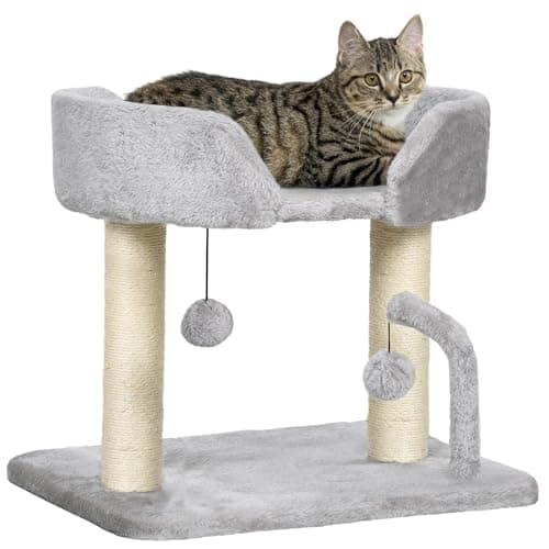 Image of PawHut Cat Scratching Post Cat Tree Tower With Bed for Indoor Cats Scratcher Toy Balls 48 x 38 x 42cm - Light Grey
