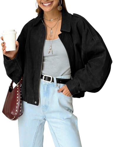 Image of Kissonic Women's Oversized Jackets Faux Suede Bomber Jacket Lapel Pilot Cropped Casual Coat for Streetwear Outerwear, Black, S