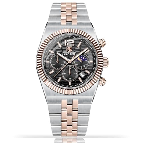 Image of BENYAR Men's Luxury Dress Watch with Sun and Moon Phase Display - Japanese Quartz Chronograph, 30M Water Resistant, Stainless Steel, 40mm(Steel and Gold-Black BY522MGJ)