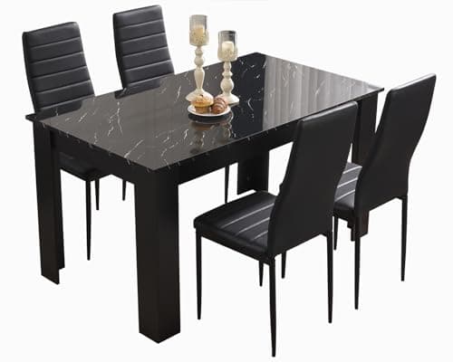Image of Generic Modern Dining Set: 120W x 80D x 75H cm, 4 White PU Leather High Back Chairs & 18mm Engineered Wood Black Marble Rectangular Table, Flat Pack, Space Saving, Easy Assembly
