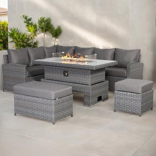 Image of Club Rattan Isobella High Back Left Hand Corner Sofa Set with Fire Pit Rising Table (Slate Grey, Left Hand Corner)