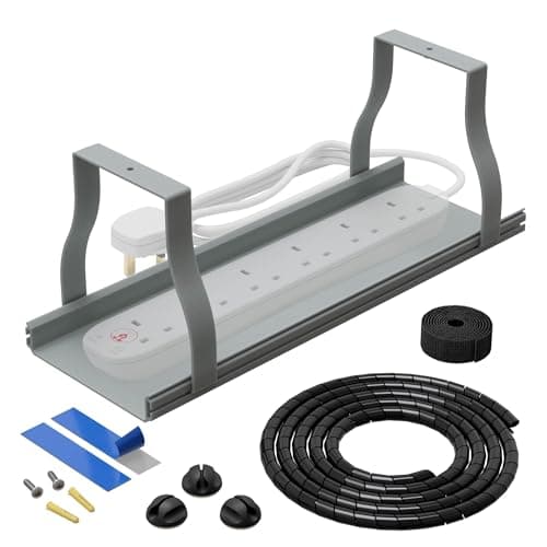 Image of D-Line Desk Cable Organiser Kit – Under Desk Cable Management Tray with Spiral Wrap, Cable Tidy Band & Cable Clips – Easy to Install, Reduces Clutter, Improves Appearance
