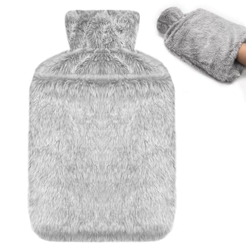 Image of Jsdoin Hot Water Bottle with Luxury Cosy Faux Fur Cover UK, 2L Leakproof Hot Water Bag for Neck, Shoulder Pain and Hand Feet Warmer (Gray)