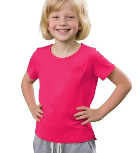 Image of Beganly Girls Short Sleeve T-Shirts Toddler Cotton Casual Tops Kids Love Heart Pocket Crew Neck Tees Rose Red 100