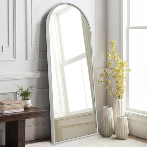 Image of HLFMVWE Arch Bathroom Full Length Mirror, Silver 120x40cm Large Arched Wall Mirrors, Metal Aluminum Frame Modern Simple Home Decor, Leaning Against for Living Room Bedroom
