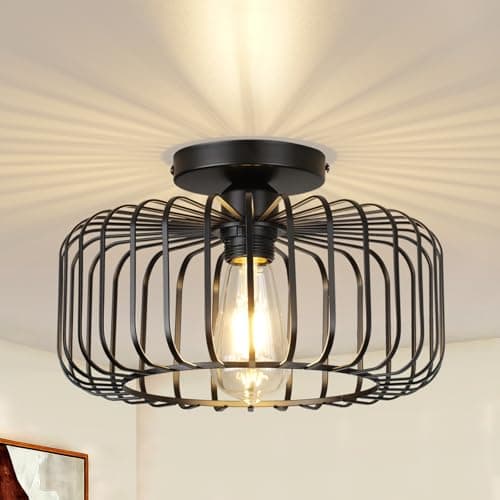 Image of CALOKES Black Flush Ceiling Light Fixture, Modern Metal Cage Semi Flush Mount Lighting for Indoor Room, Bedroom, Kitchen, Living, Dining, Hallway – E27 Base, No Bulb Included
