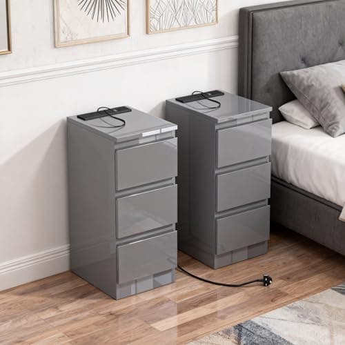 Image of Homullel 25CM Small Bedside Table Set of 2, Slim Narrow Bedside Cabinet with Charging Station, 3 Drawers Sofa Bed Side Table for Bedroom, Living Room (High Gloss Grey with Charging Station, Set of 2)