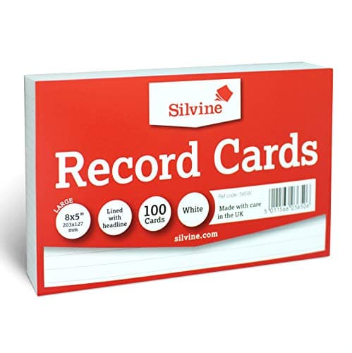 Image of Silvine 8x5 White Flash Cards - Lined with Headline (100 Record Cards) for Study, Presentations and Notes