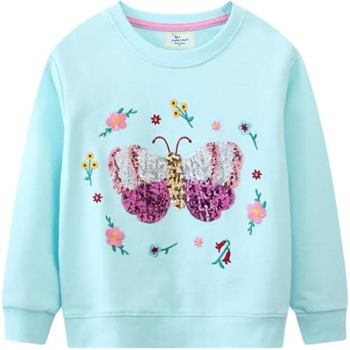 Image of DHASIUE Girls Sweatshirt Jumper Butterfly Sequin Crewneck Cotton Long Sleeve Tops Shirts Pullover Kids Toddler Clothes Age 7-8 Years