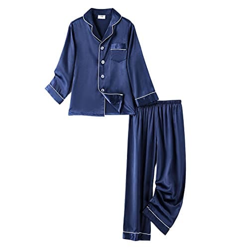 Image of PythJooh Girls Satin Pyjamas Sets Girls Boys Long Sleeve Button-Down Pjs Set 2PCs Silky Nightwear Sleepwear for 3-14Years Navy