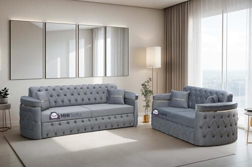 Image of SofaHeaven - Turkish Chesterfield Plush Velvet Fabric 3+2 Seater Sofa Bed - 3 Seater Pull-Out Convertible in Sofa Bed - Convert the Back Seats for Extra Space (Grey)