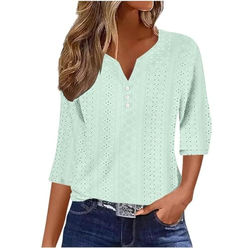 Image of Summer Tops for Women UK - Ladies Blouses Elegant Going Out Eyelet Embroidery Three Quarter Sleeve Tops Hollow Out Casual Business Outfits Tunic Tees Button 3/4 Sleeve V-Neck T-Shirts Mint Green