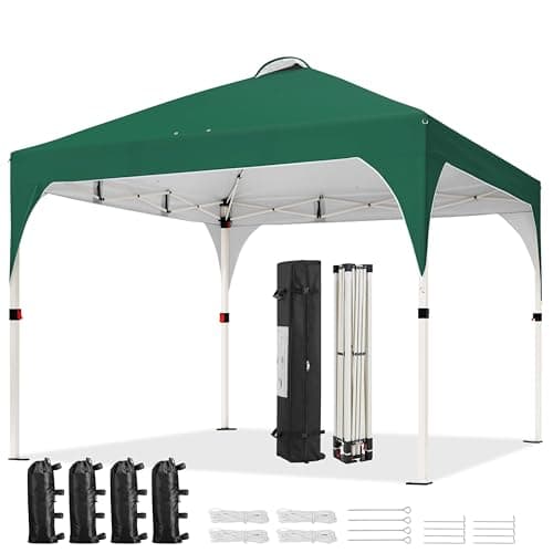 Image of Yaheetech Pop Up Gazebo, 3x3m Instant Foldinng Shelter with Wheeled Bag, 4 Sandbags, 4 Ropes, 12 Stakes, Metal Frame, Adjustable Height, Top Air Vent, Dark Green