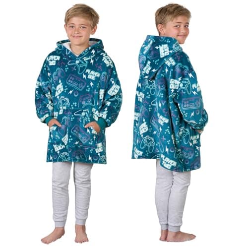 Image of OHS Gaming Kids Oversized Hoodie, Soft Sherpa Fleece Throw Blanket Hooded Sweatshirt Cosy Wearable Large Jumper Gifts for Boys Girls Kids - Blue, One Size