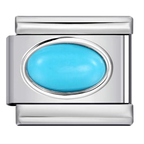 Image of Mon & Sons December Topaz Blue Smooth Oval Month Birth Year Birthday Stone Anniversary Birthstone Crystal Silver Italian 9mm Link Stainless Steel Bracelet Charm Compatible With 9mm Link
