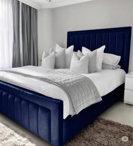 Image of Bespoke Chesterfield Plush Velvet Monnaco Pannel Bed - Mattress/Gas Lift Options - UK Made - Double/King/Super King (Navy Blue Plush, Double 4ft6 Bed Frame)