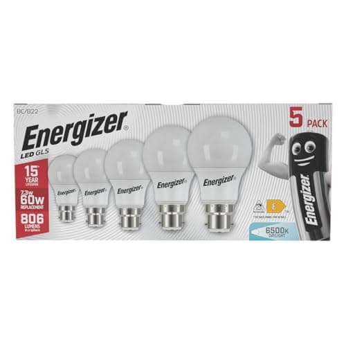 Image of Energizer Bayonet Light Bulb 60w, B22 LED Bulbs - Daylight White 6500k, 806 Lumen, Non-Dimmable, Pack of 5