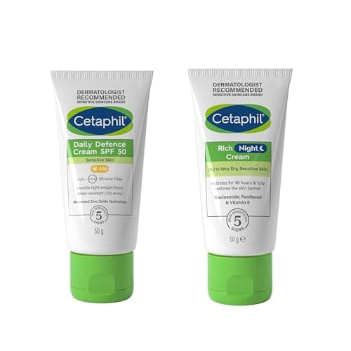 Image of Cetaphil SPF 50 Day Cream 50g + Night Face Moisturiser 50g Skincare Set, Daily Defence Moisturiser & Rich Night Cream, For Sensitive Skin, Packaging May Vary