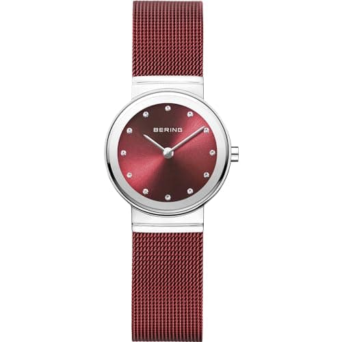 Image of BERING Women Analog Quartz Classic Collection Watch with stainless steel Strap and Sapphire Crystal 10126-303, Red/Silver, 26