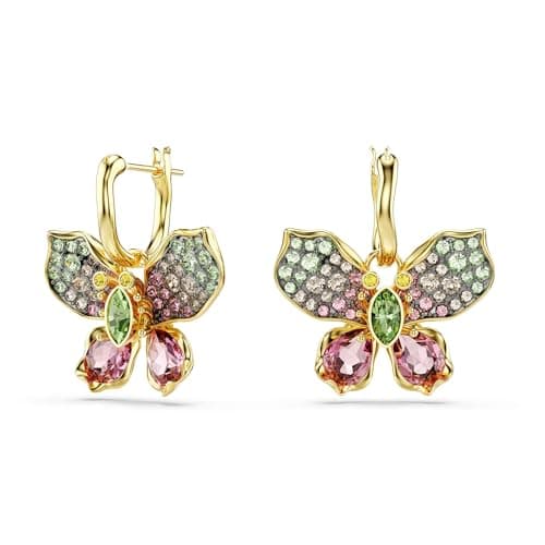 Image of Swarovski Idyllia Drop Earrings, Butterfly Motif with Multicoloured Mixed-Cut Crystals in a Gold-Tone Finished Setting, Part of the Swarovski Idyllia Collection