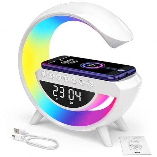 Image of OKLI Wireless Charging Bedside Lamp with Bluetooth Speaker, White Noise Machine & Alarm Clock, RGB LED Night Light, FM Radio & Wake Up Light for Bedroom, Desk & Gifts