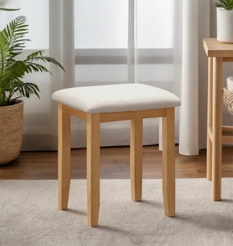 Image of Hallowood Furniture Aston Beige Dressing Table Stool, Cushioned Wooden Vanity Stool with Beige Padded Seat, Ideal for Bedrooms, Makeup Areas & Living Room Comfort