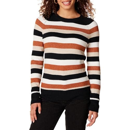 Image of Amazon Essentials Women's Classic-Fit Soft Touch Long-Sleeve Crewneck Sweater, Black Brown Rugby Stripe, Medium