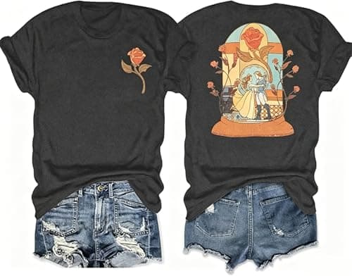 Image of Magical Kingdom Shirt Women Beauty Shirts Belle Princess Tee Tale As Old As Time T-Shirt Vacation Short Sleeve Tops, Grey, XXL