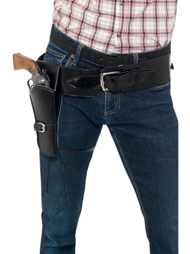Image of Smiffys Adult Faux Leather Single Holster with Belt, Black , Cowboys and Indians Fancy Dress, Adult Dress Up Accessories Halloween