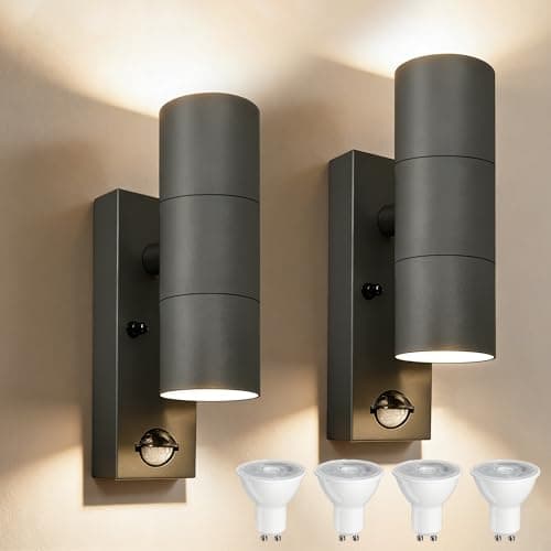 Image of YOVGQOLV Motion Sensor Outdoor Wall Lights Up and Down, Incl. 4x5w 3000K GU10 Bulbs,Stainless Steel PIR Outside Light Mains Powered, IP54 Waterproof Front Door Lamp Porch, Anthracite Gray, 2 Pack