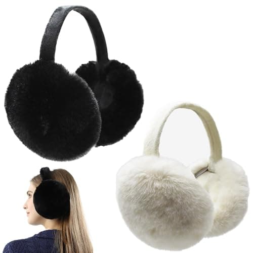 Image of 2 Pcs Winter Earmuffs, Foldable and Adjustable Windproof Soft Plush Ear Muffs, Outdoor Winter Accessory Unisex Fluffy Ear Protector Folding Warm Ear Covers for Women, Men, Girls, Boys (Black & White)