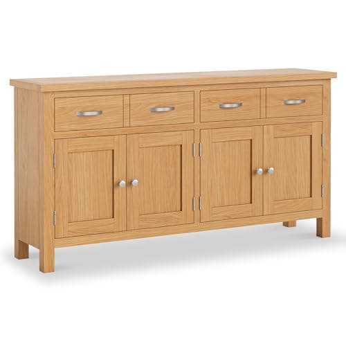 Image of London Oak Extra Large Sideboard Cabinet for Living Room | Roseland Furniture Lacquered 4 Door Solid Wooden Storage Cupboard with 2 Drawers for Hallway or Dining Room | Fully Assembled