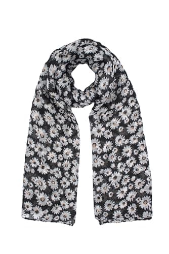 Image of Zac's Alter Ego Women's Lightweight Floral Scarf, Black and White Daisy Print Neck Wrap, Spring Summer Fashion Accessory