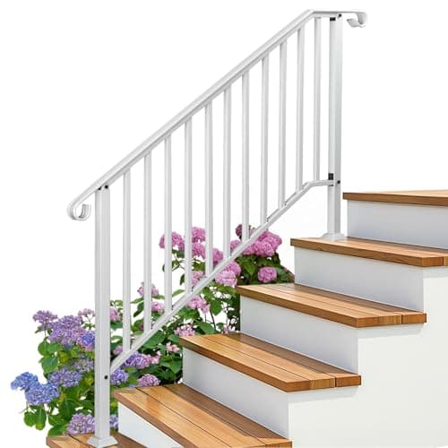 Image of Bonnlo Outdoor Handrail for Stairs Fit 4 or 5 Steps, Hand Rails Outside Steps with Installation Kit, White Galvanized Iron Handrail for Entrance Door