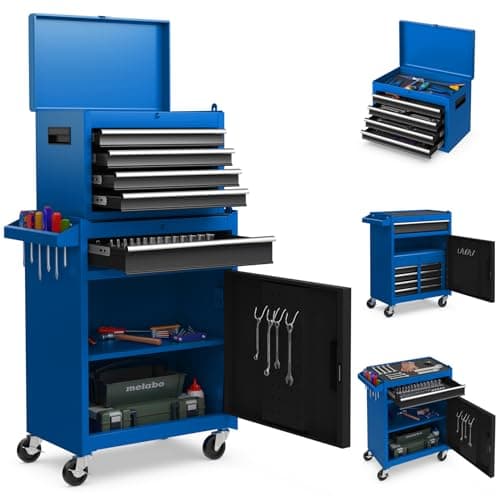 Image of COSTWAY Large Rolling Tool Cabinet, 2-in-1 Detachable Metal Tool Chest with Drawers, Wheels, Handle & Hooks, Lockable Tool Box Trolley for Garage Workshop (5 Drawer with Adjustable Shelf, Blue+Black)