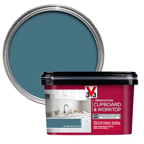 Image of V33 Renovation Cupboard & Worktop Paint - No Undercoat Needed - High Resistance To Water Stains & Scratches - Ultra Washable - Petrol Blue Satin 2L