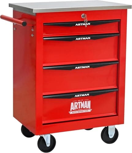 Image of nifoti 4 Drawer Tool Cart on Wheels, Multifunctional Rolling Drawer Tool Chest, Rolling Drawers Trolley Organizer Tool Box for Warehouse,Garage,Repair Shop,Workshop,DIY Multiple Interconnectable (Red)