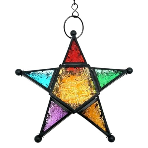 Image of Moroccan Hanging Star Lantern, Pressed Stained Glass Hanging Tealight Candle Holder - Colorful Iron Style Star Shaped Moroccan Glass Hanging Candle Holder, Colorful Glass Candle Holder