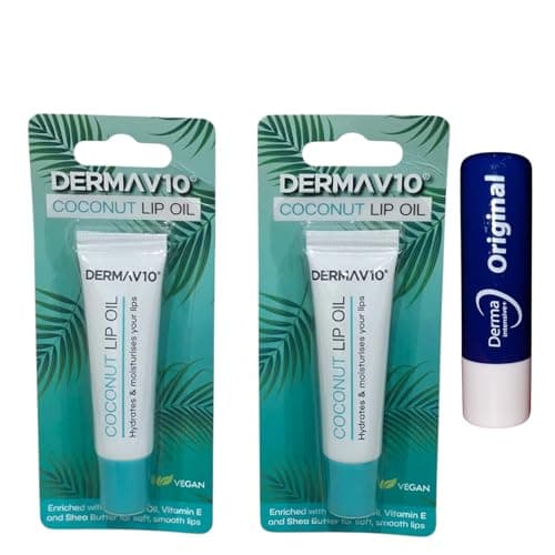Image of Derma V10 Coconut Lip Oil Hydrates Vitamin E Shea Butter Twin Pack 10ML With Free Orignial Lip Balm