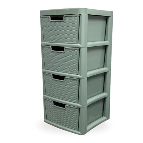 Image of SIDSONS - Large Plastic Rattan Style Storage Drawer - Durable & Stylish Cabinet with Smooth Pull Drawers - Multipurpose Organizer for Clothes Toys, Kitchen, Home & Office Use (Sage Green, 4 Tier)