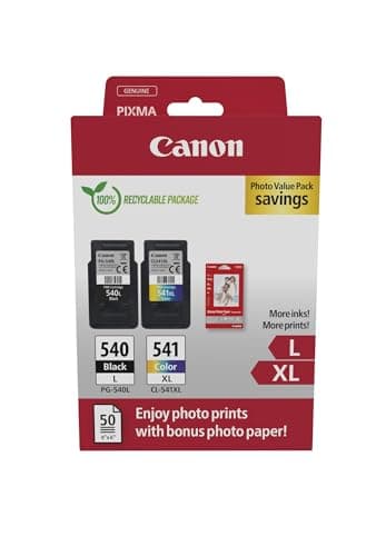 Image of Canon PG540 L CL541 XL VALUE Pack of 2 cartridges (Black L Colour XL) + 50 sheets of 10x15cm Photo Paper Genuine (Recycled Cardboard Multipack)